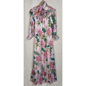 BOSTON PROPER Small Pink Floral Women's Shoulder Peasant Maxi Dress MSRP $199